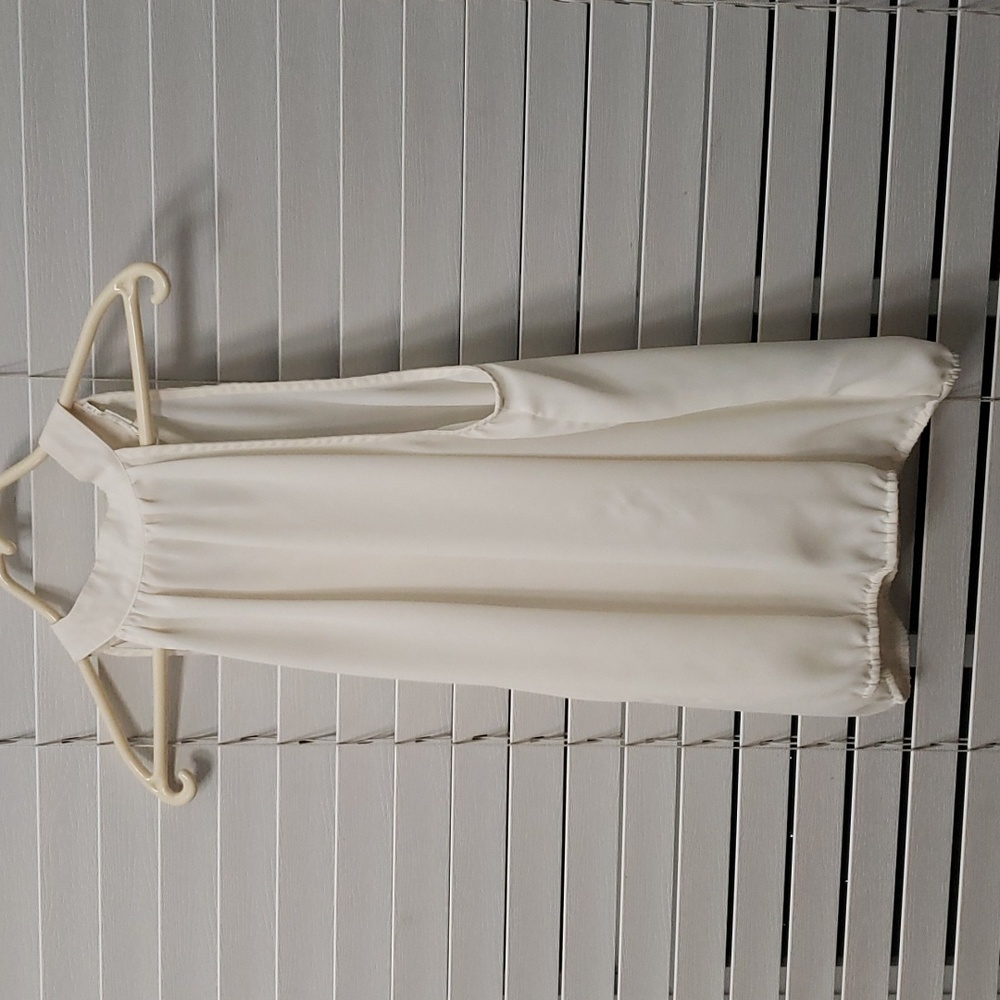 S Sheer Cream Loose Blouse w Elastic Waist String and Ribbons on Back